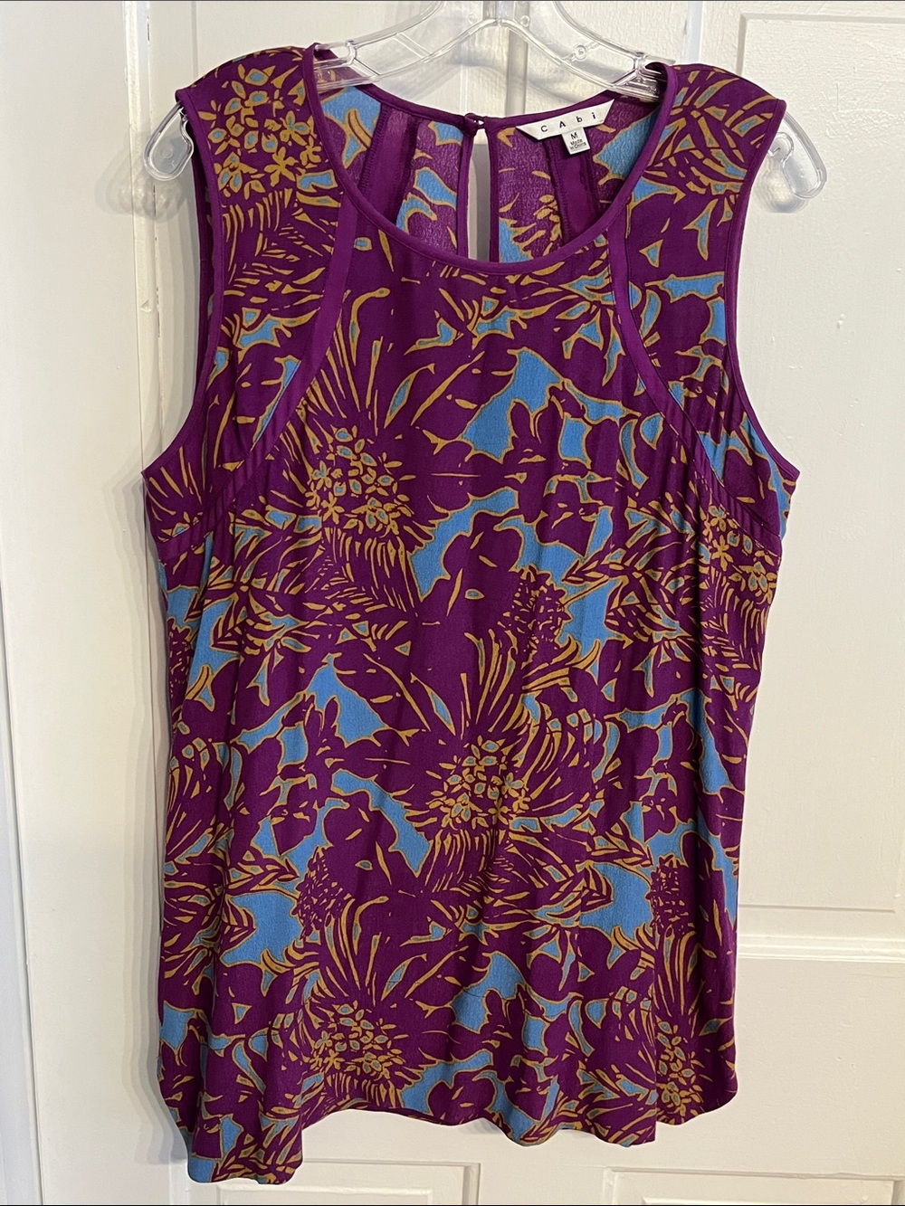 Cabi Sleeveless Blouse Purple Gold Blue Print